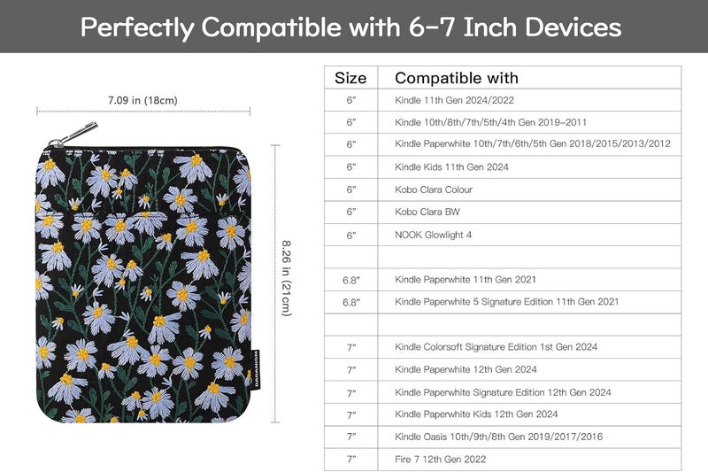 Dadanism Embroidered Daisy Padded Sleeve for All-New Kindle Paperwhite, 7" Kindle Colorsoft Signature Edition, Protective Sleeve Case for 6" Kindle/Kindle Oasis/Kobo E-Reader, Blue Daisy - Image 2